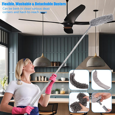 Feather Duster,7 PCS Extendable Bendable Washable Cobweb Brush with Extension Pole Up to 100'', Long Feather Duster for Cleaning Ceiling Fan,High Ceiling,Furniture