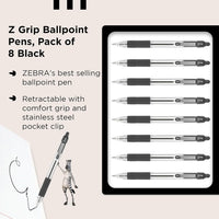 Zebra Pen Z Grip Black Ballpoint Pens with Pocket Clip 8pk, Retractable Black Ink Ballpoint Pens, Reliable Black Biro Pens Multipack for Everyday Use Design, New Pack Size 8pk