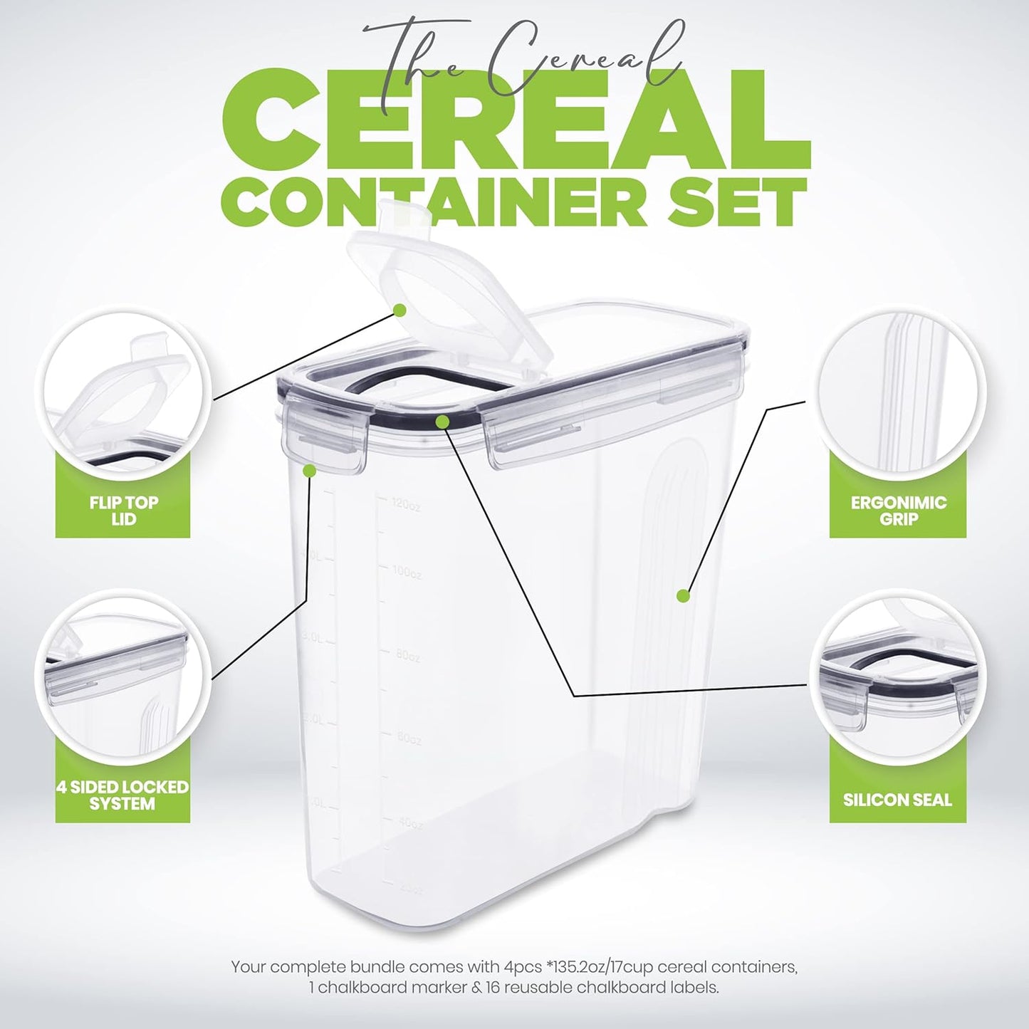 Utopia Kitchen Cereal Containers Storage Set – 4 Pack 4L(135.2 oz) Airtight Food Storage Containers with Lids, BPA-Free Cereal Dispensers for Pantry Organization and Storage (Clear)