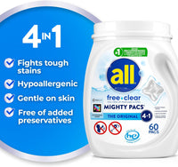 All Mighty Pacs Laundry Detergent, Free Clear for Sensitive Skin, Tub, 60 Count