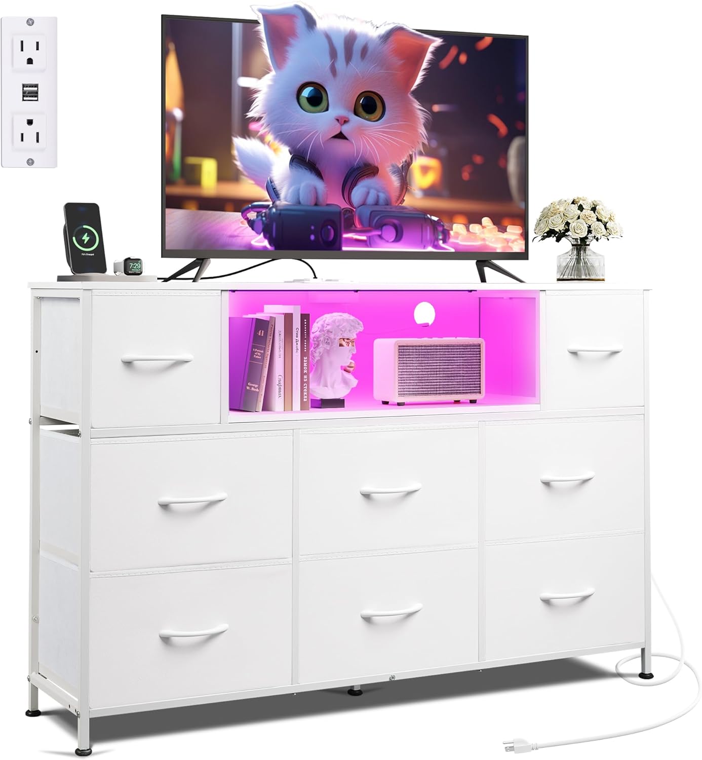 WLIVE White Dresser TV Stand for 45, 50, 55 inch TV, Entertainment Center with LED Lights & Charging Station, Chest of Drawers with 8 Fabric Drawers and Open Shelves for Living Room, Hallway, Wood Top