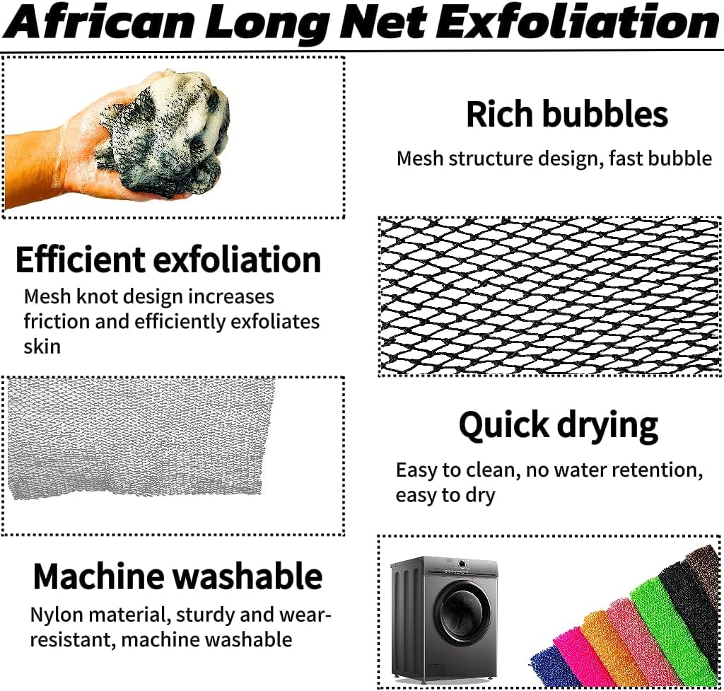 African Net Sponge Authentic, African Exfoliating Sponge Real African Net Black Owned, African Bath Sponge Back Scrubber, Body Exfoliator Shower Bath Accessories (Black)