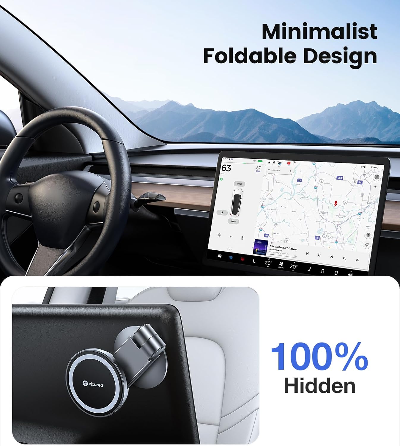 VICSEED Tesla Phone Mount【Strongest Magnet Power】Foldable Hidden Tesla Phone Holder Fit for All Phone, Tesla Model 3 Model Y for MagSafe Car Mount, Tesla Model 3 Accessories, Tesla Model Y Accessories