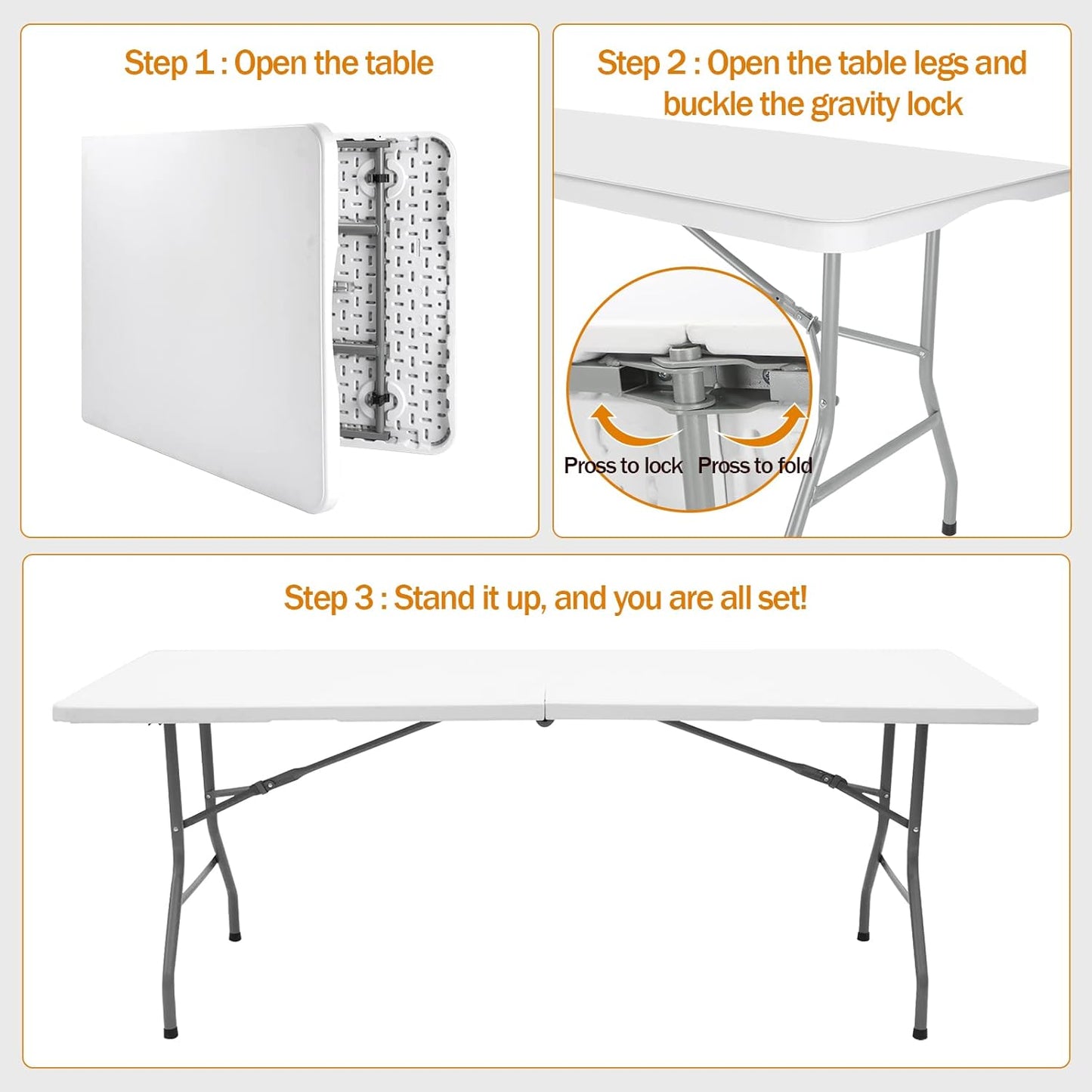 6ft Folding Table - Heavy Duty Portable Table for Parties, Camping & BBQs, Folds in Half for Easy Storage, No Assembly Required, White