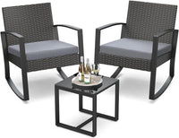 3 Pieces Outdoor Patio Furniture Set Rocking Bistro Set Outdoor Rattan Conversation with Coffee Table for Garden Balcony Backyard Poolside (Grey Cushion)