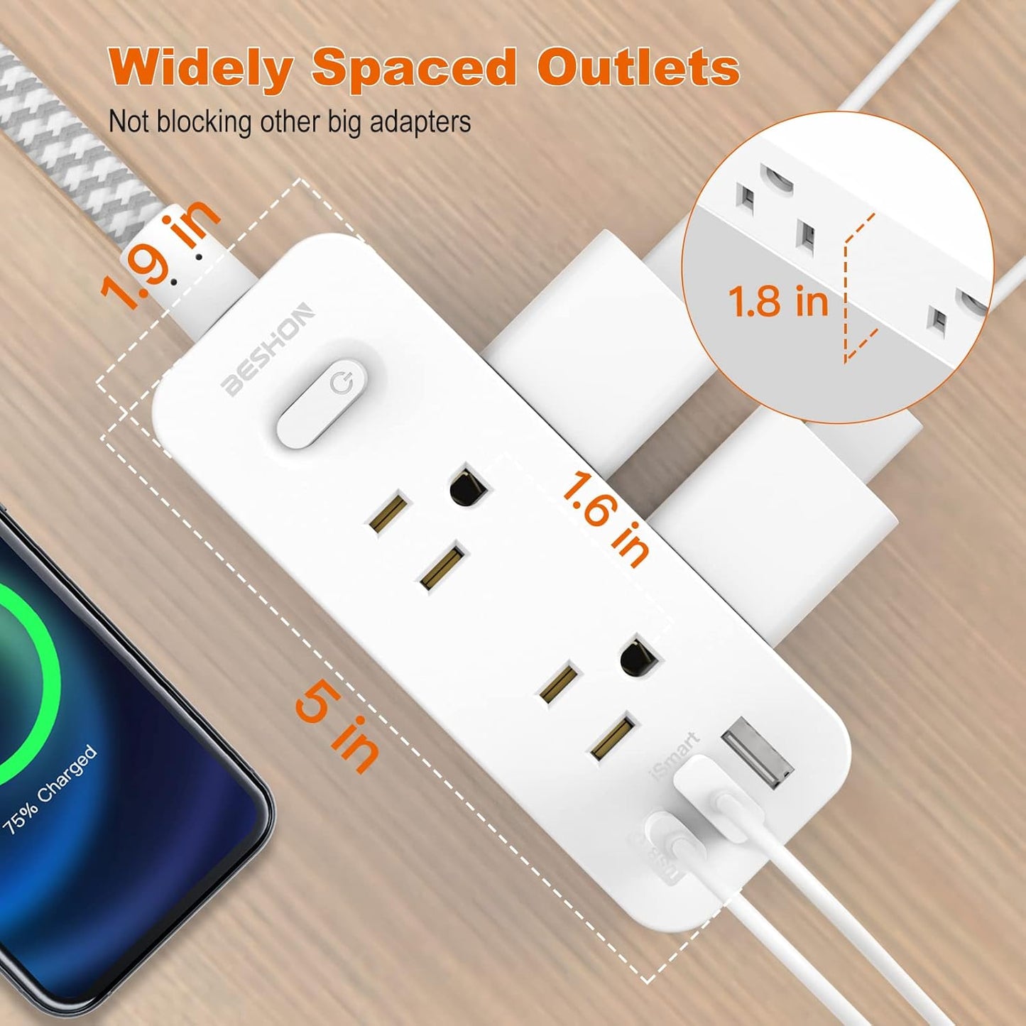 Power Strip Surge Protector, BESHON 5Ft Extension Cord, 6 Outlets with 3 USB Ports(1 USB C Outlet), 3-Side Outlet Extender, Wall Mount, Compact for Travel, Home, School, College Dorm Room and Office
