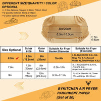BYKITCHEN Air Fryer Parchment Paper Liner, 50PCS Square Air Fryer Liners Disposable, Greaseproof Paper, Compatible with COSORI, Ninja, Tefal, Russell Hobbs Fryers (Unbleached)
