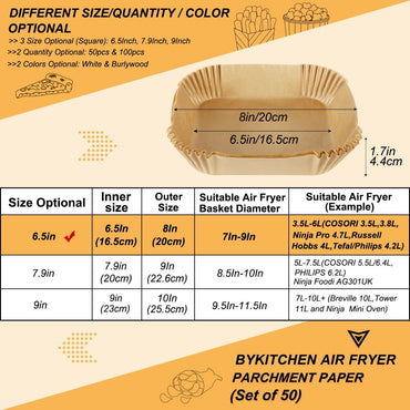 BYKITCHEN Air Fryer Parchment Paper Liner, 50PCS Square Air Fryer Liners Disposable, Greaseproof Paper, Compatible with COSORI, Ninja, Tefal, Russell Hobbs Fryers