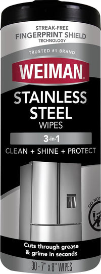 Weiman Stainless Steel Cleaner, 30 Count Cleaning Wipes, Removes Dirt, Grime, and Grease, No Streaks or Residue, Stainless Steel Polish for a Sparkling Clean and Shiny Surface, Cleaning Supplies