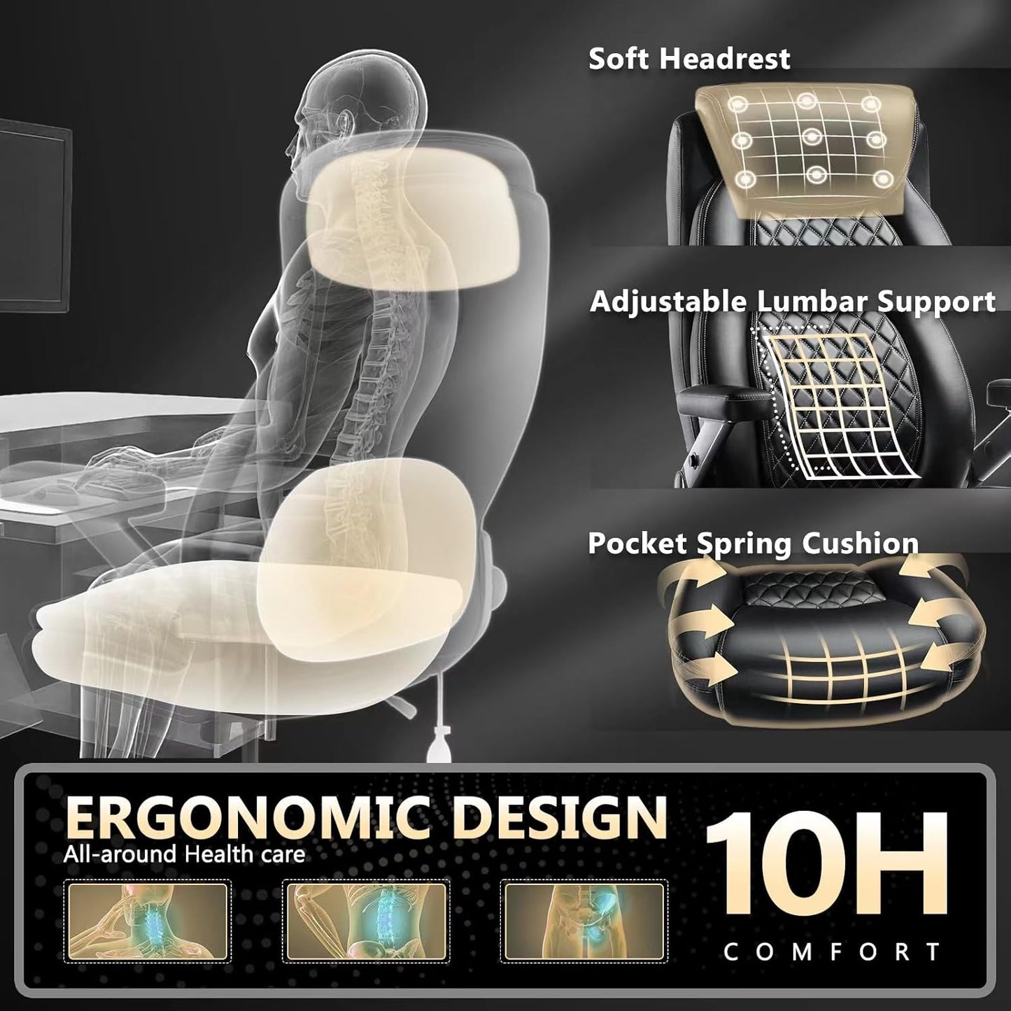 600LBS Large Heavy Duty Office Chair with 5D Flip Arms,Comfy Big and Tall Executive Office Desk Chair with Pocket Spring Cushion,High Back Computer Chair with Lumbar Support,Dual Rubber Wheel