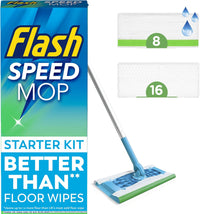Flash Speedmop Floor Cleaner, Value Starter Kit, Cleans 3X More Floor Area*. (1 Handle, 8 Wet & 16 Dry Refills), Trap & Lock Daily Dirt, Grease & Grime Without Getting Down On Your Knees