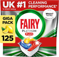 Fairy Platinum Plus All-in-1 Dishwasher Tablets, 125 Pack, Lemon. With anti-dull tech & rinse aid action for a deep clean. Effective in short cycles for sparkling dishes.