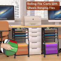 5-Tier Rolling File Cart with Hanging File Folders, Mobile Desk File Organizer on Lockable Wheels, Wood & Mesh Paper Letter Sliding Trays Organization for Office, Home, School, Patent