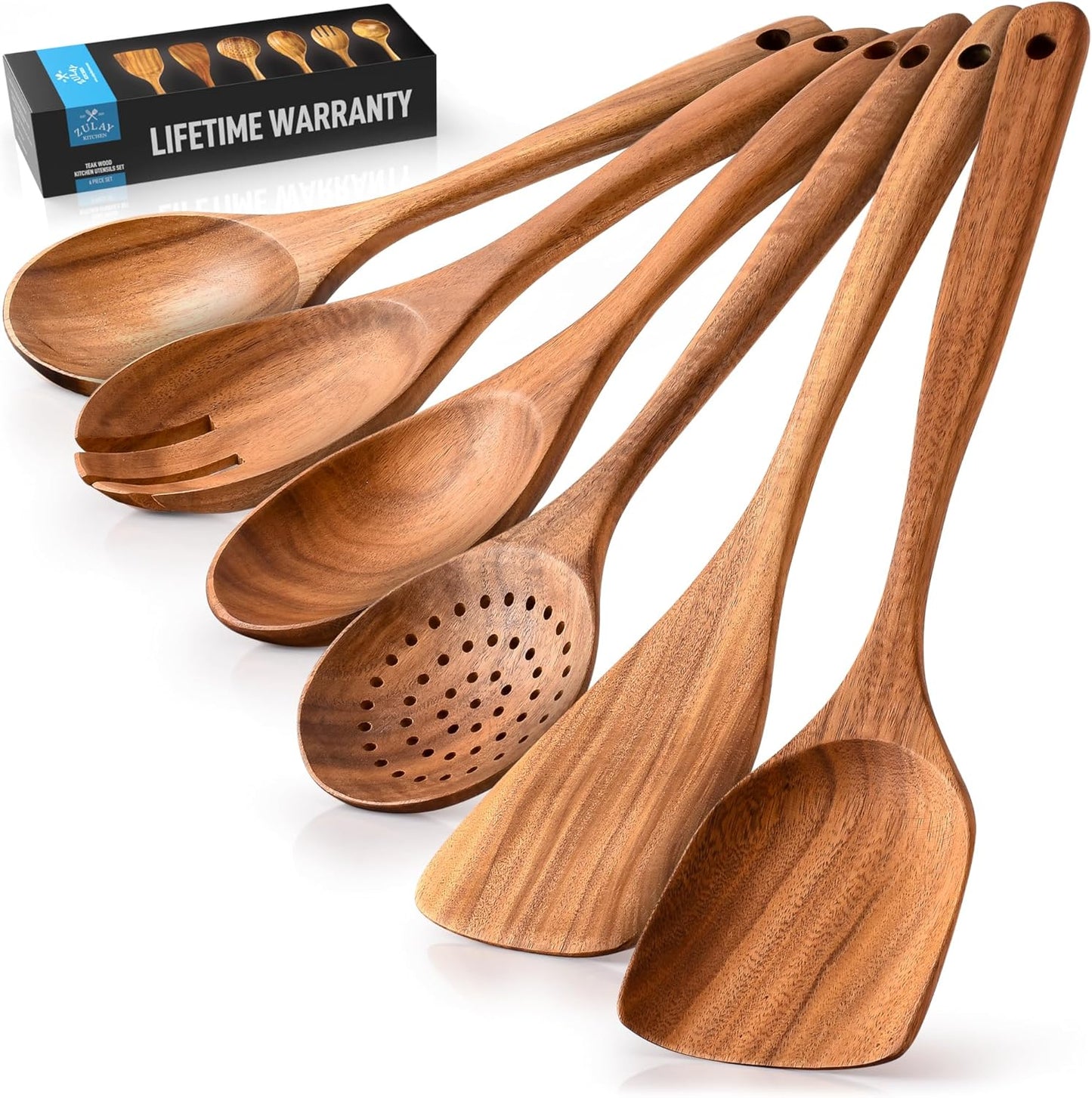 Zulay Kitchen 6-Piece Wooden Spoons for Cooking - Smooth Finish Teak Wood Utensils - Soft Comfort-Grip Cooking Wood Spoons Non-Stick Teak Easy to Clean Utensils Heat Resistant Non-Scratch Spoon Sets
