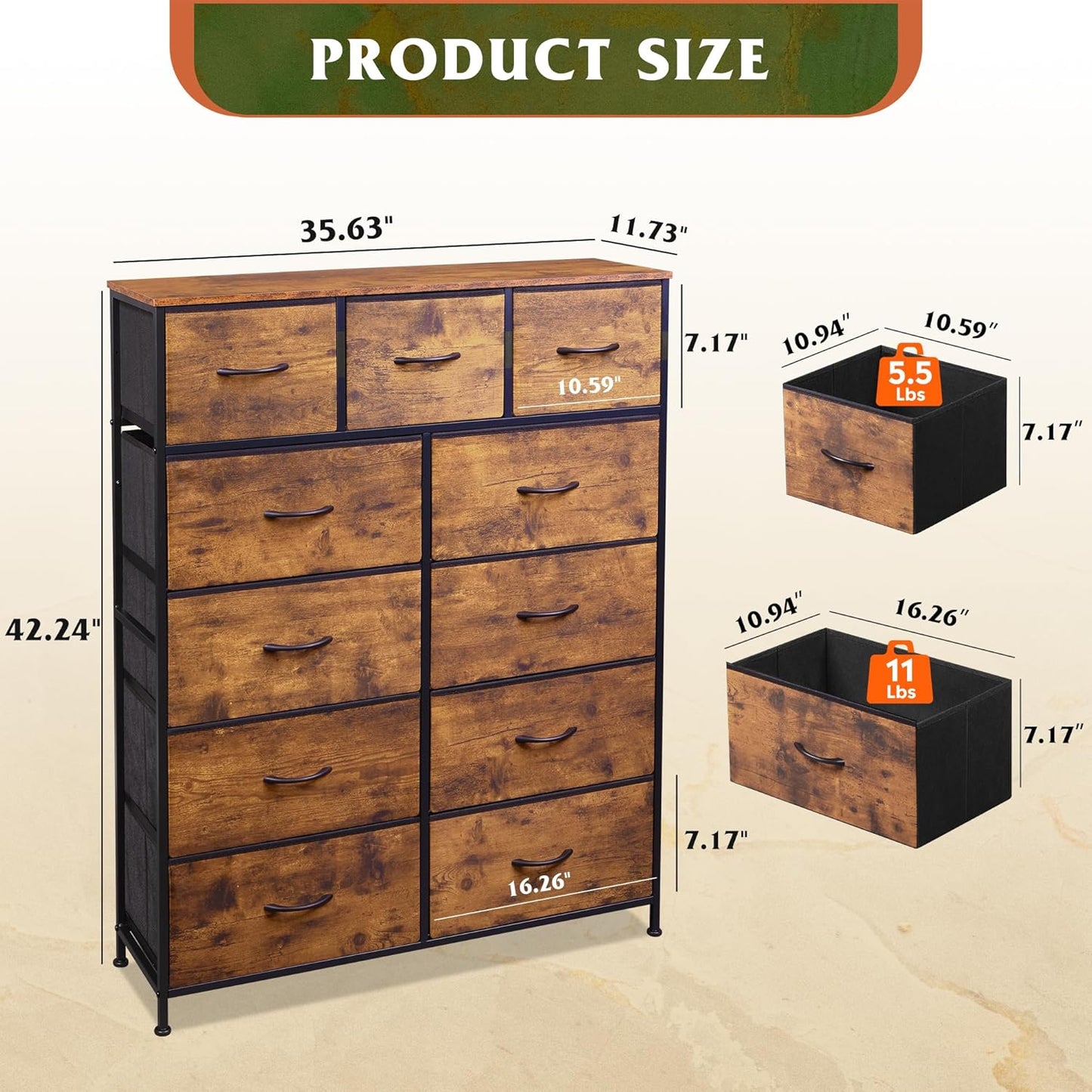 WLIVE Storage Organizer Unit with 11 Fabric Bins, Storage Drawers Organizer with Steel Frame, Tall Storage Tower Organizaton for Living Room, Hallway, Office, Rustic Brown