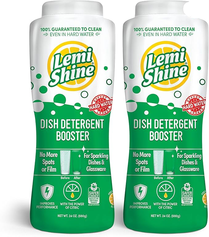 Lemi Shine Dish Detergent Booster, Hard Water Stain Remover, Multi-Use Citric Acid Cleaner 24 oz, Pack of 2