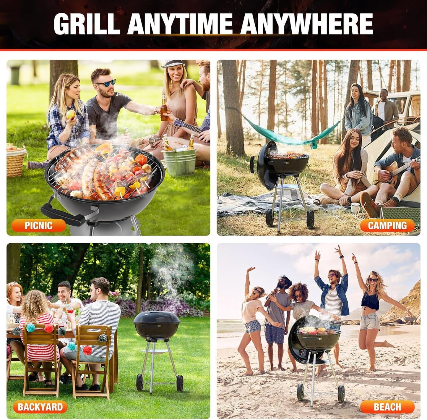 18 inch Charcoal Grill, Portable Kettle BBQ Grills, Perfect BBQ Gift, Durable & Easy to Assemble, Round Barbecue Grill with Wheels and Lid for Outdoor Cooking, Patio and Beach, Black