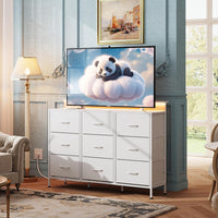 WLIVE White TV Stand for 45, 50, 55 inch TV, Entertainment Center with LED Lights & Charging Station, TV Media Console Table with 9 Fabric Drawers and Open Shelves for Living Room, Hallway, Wood Top