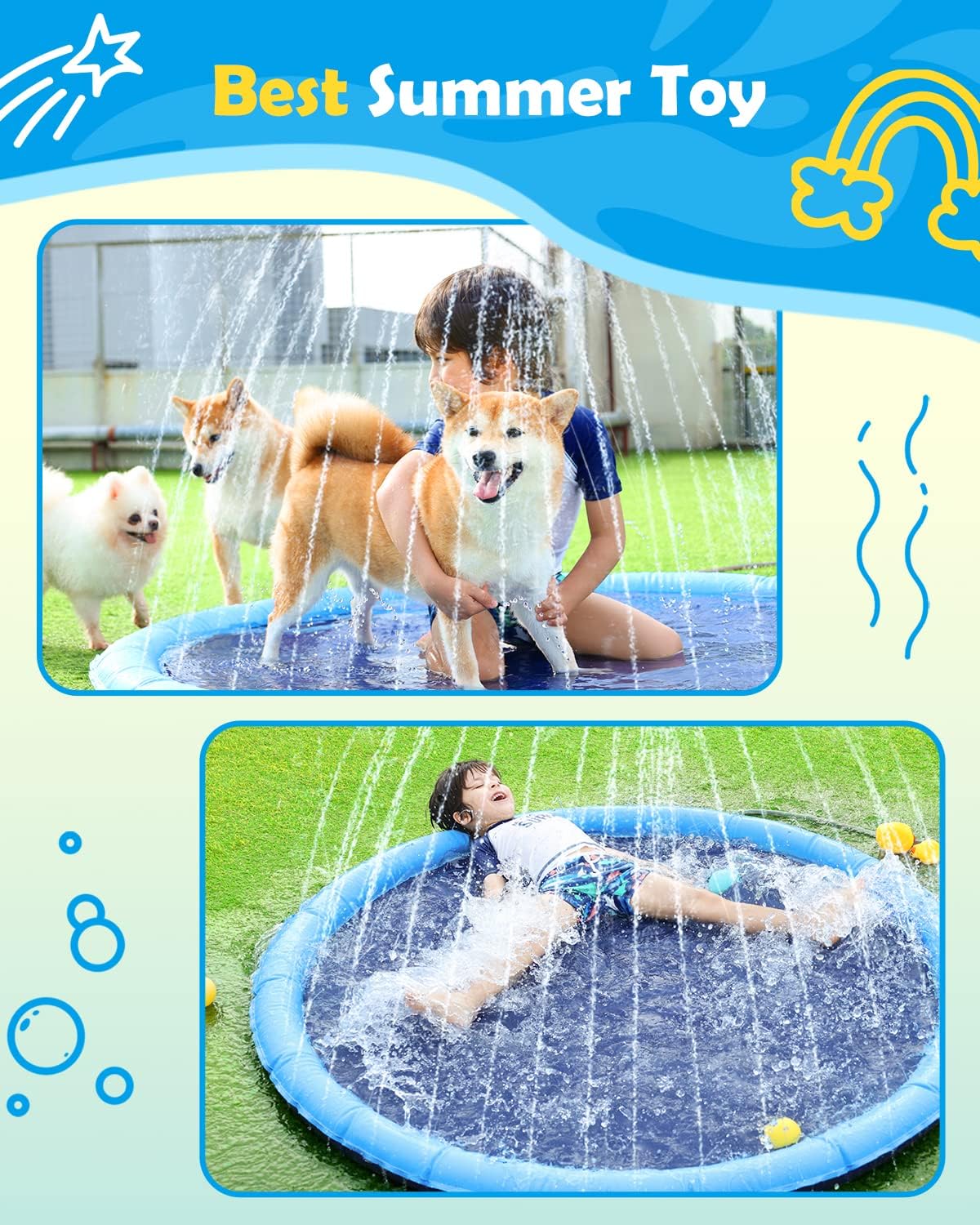 Peteast 67" Dog Splash Pad for Large Dogs & Kids – Anti-Slip Outdoor Sprinkler Pad, 0.58mm Thick PVC Water Mat for Backyard Summer Play