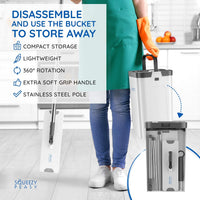 SqueezyPeasy Premium Flat Mop and Bucket Set - Separates Clean & Dirty Water - Compact & Lightweight - 3 Chamber Floor Cleaning System - 360 Rotating Head - 5 Microfibre Reusable Mop Pads Included