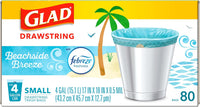 Glad Odorshield Small Drawstring Trash Bags, 4 Gal, Febreze Beachside Breeze, 80 Ct, Pack May Vary