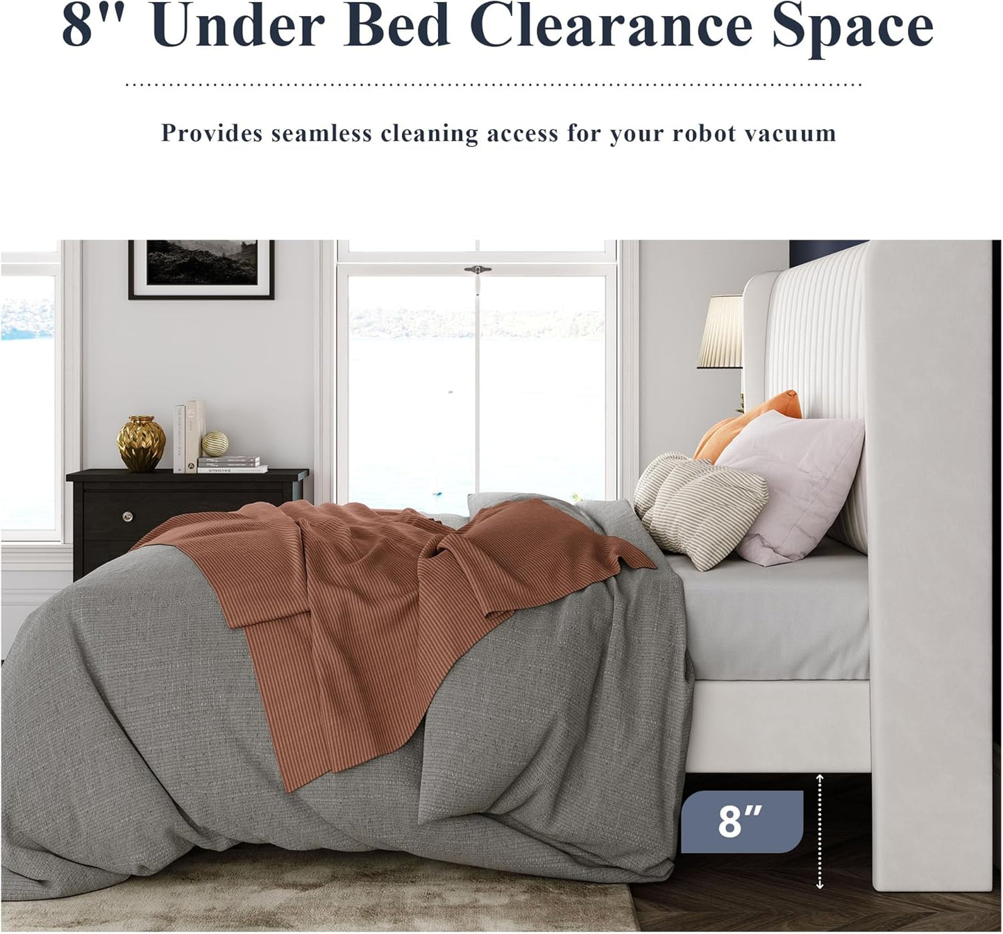 Allewie Full Size Velvet Bed Frame/Vertical Channel Tufted Wingback Headboard/Upholstered Platform Bed/Strong Wooden Slats/No Box Spring Needed/Easy Assembly/White