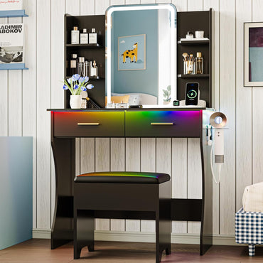 Vanity Desk with LED Lights Mirror & Power Outlet, Small Makeup Vanity Table Set with Storage Drawers & Chair, 3 Lighting Modes & Adjustable Brightness, Dressing Table for Women Girls Bedroom, Black
