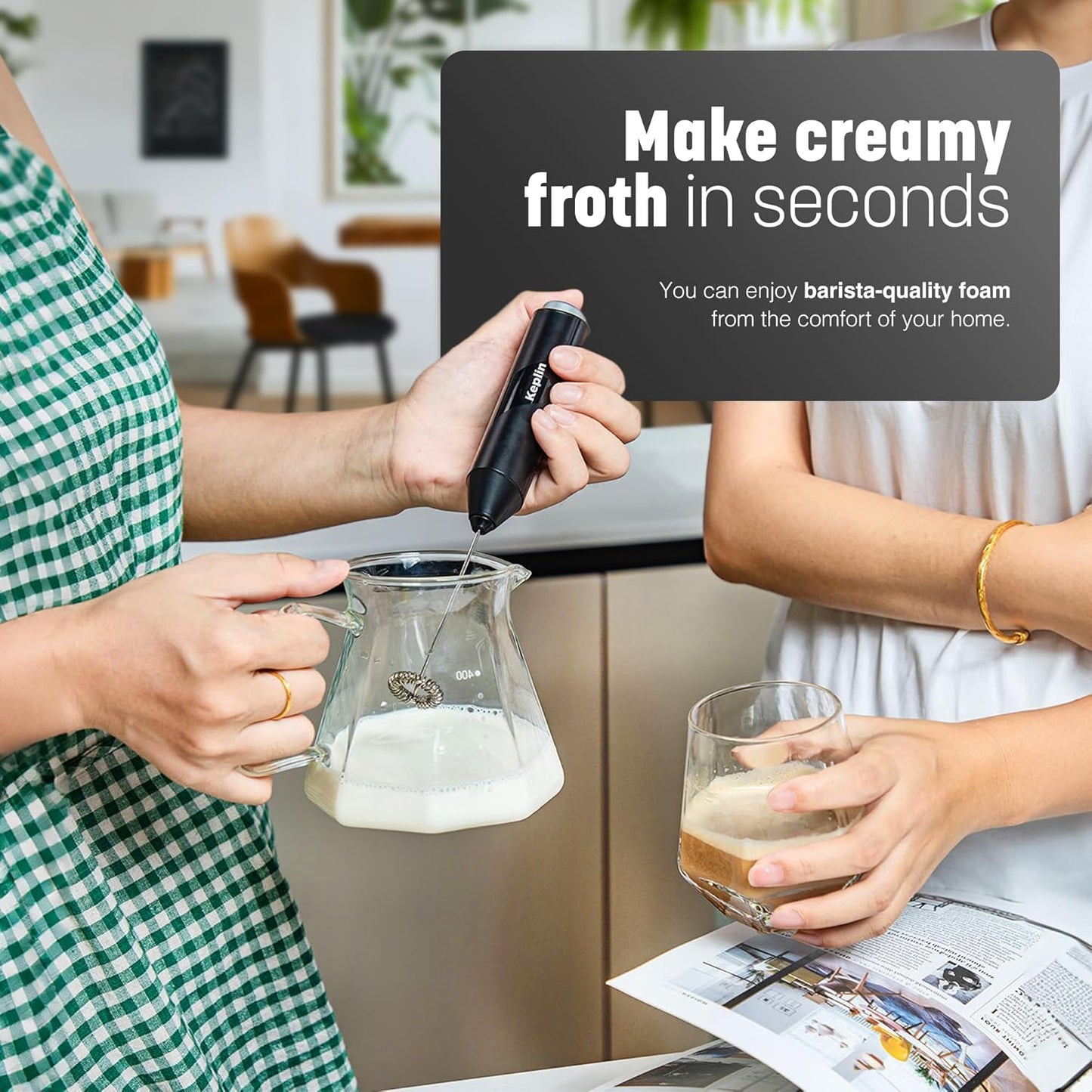 Keplin Handheld Milk Frother - Stainless Steel Electric Whisk - Portable Battery-Operated Coffee Frother for Lattes, Matcha, Protein Shakes - Ergonomic, Compact, Easy to Clean (Black)