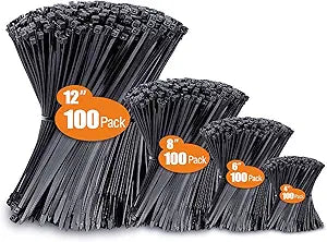 Zip Ties Assorted Sizes(4”+6”+8”+12”), 400 Pack, Black Cable Ties, UV Resistant Wire Ties by ANOSON - Cart Shape