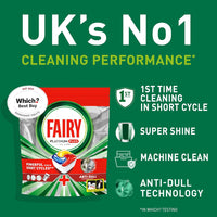 Fairy Platinum Plus All-in-1 Dishwasher Tablets, 125 Pack, Lemon. With anti-dull tech & rinse aid action for a deep clean. Effective in short cycles for sparkling dishes.