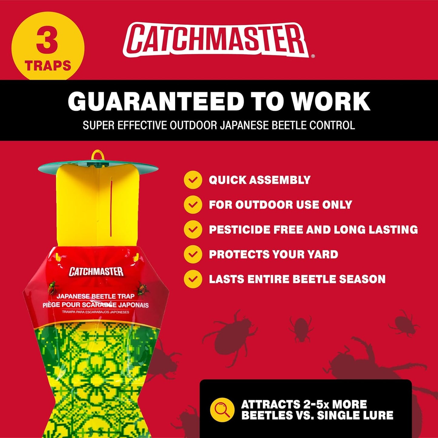 Catchmaster Japanese Beetle Traps Outdoor 3PK, Flying Insect Trap Bag with Lid & Dual Pheromone Food Lure, Hanging Bug Catcher Pest Control for Backyard & Garden, Plants, Trees, Vegetables & Flowers