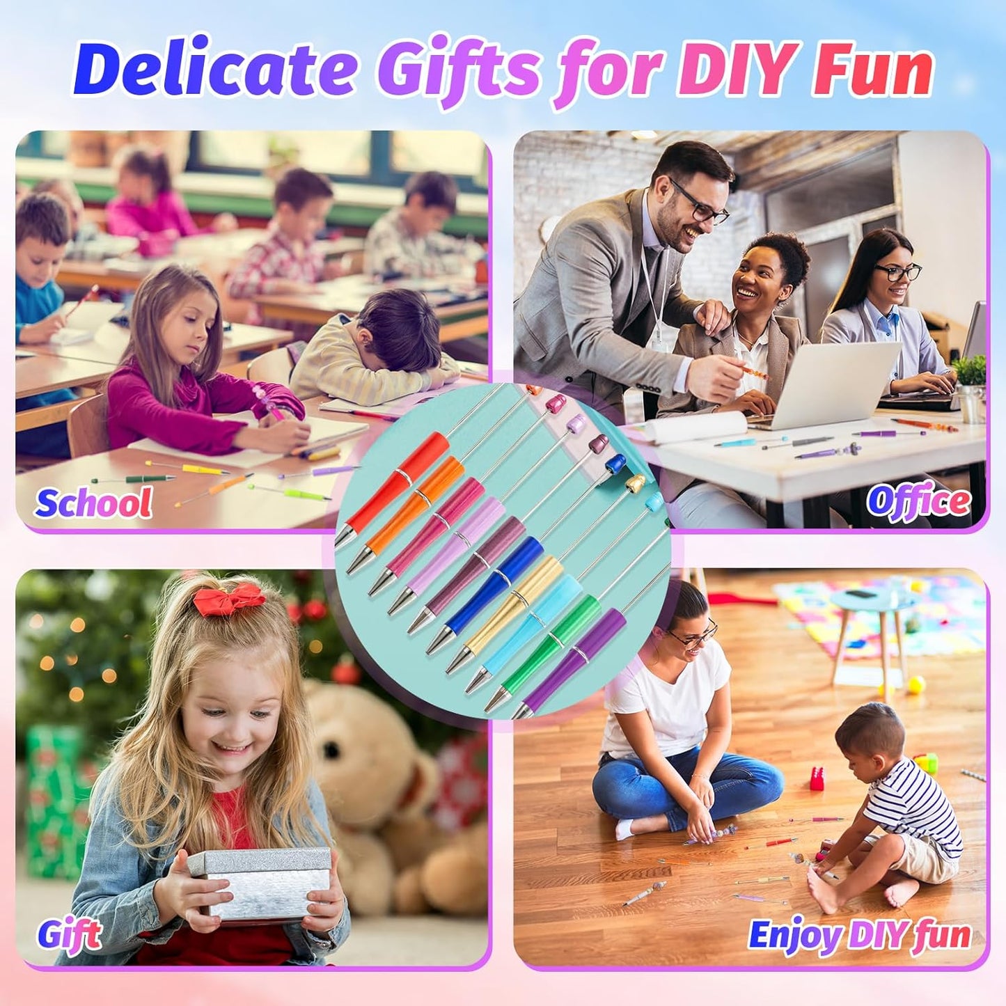 150 Pieces DIY Beadable Pen Kit – 50 Plastic Ballpoint Pens with Refills & Bags, Beads Not Included – School Supplies, Office Accessories & Craft Gifts for Students & Teachers (Multicolor)