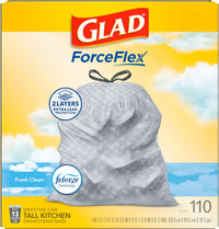 Glad Tall Kitchen Drawstring Trash Bags - Odorshield 13 Gallon White Trash Bag, Febreze Fresh Clean, 110 Count