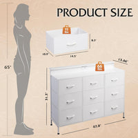 WLIVE White TV Stand for 45, 50, 55 inch TV, Entertainment Center with LED Lights & Charging Station, TV Media Console Table with 9 Fabric Drawers and Open Shelves for Living Room, Hallway, Wood Top