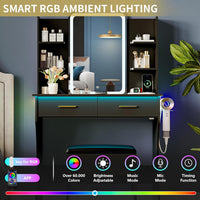 Vanity Desk with LED Lights Mirror & Power Outlet, Small Makeup Vanity Table Set with Storage Drawers & Chair, 3 Lighting Modes & Adjustable Brightness, Dressing Table for Women Girls Bedroom, Black