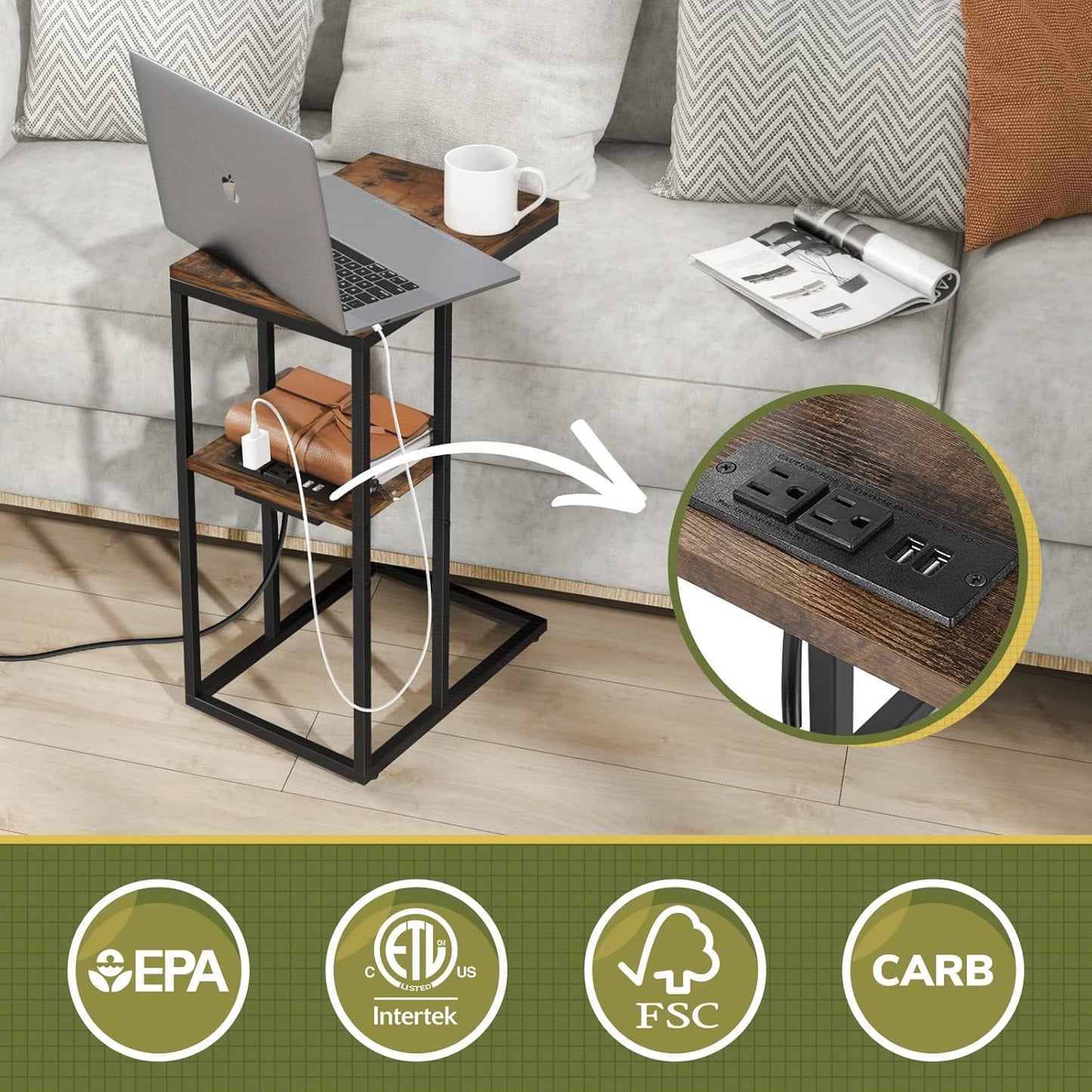 Yoobure C Shaped End Table with Charging Station, Small Side Table for Sofa，26" Tall Tv Tray Couch Table with Storage,Bedside Table with USB Ports and Outlets for Living Room, Bedroom, Rustic Brown