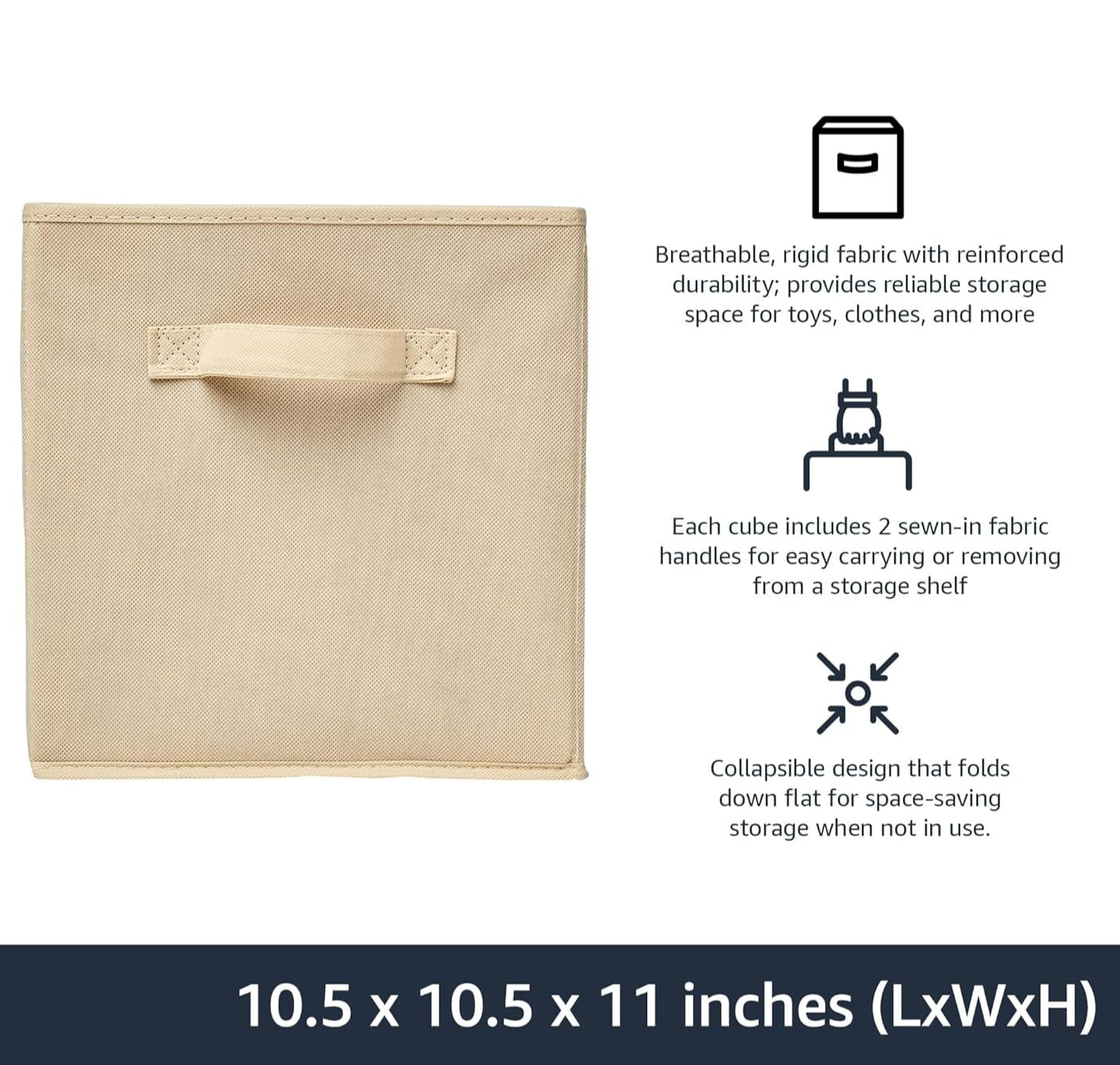 Collapsible Fabric Storage Cubes Organizer with Handles, Sturdy, Beige, 10.5-x-10.5-x-11-inch, Pack of 6