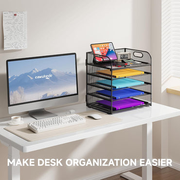 5 Tier Paper Organizer with Handle, Metal Mesh Desk Organizer File Folder Paper Letter Tray Desktop Document Sorter for Classroom, School, Office Accessories Organization and Storage - Black