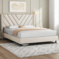 Yaheetech Queen Bed Frame Upholstered Platform Bed with Wing Side/Wooden Slat Support/Tufted Headboard with Wing Side/Mattress Foundation/No Box Spring Needed,Beige Queen Bed