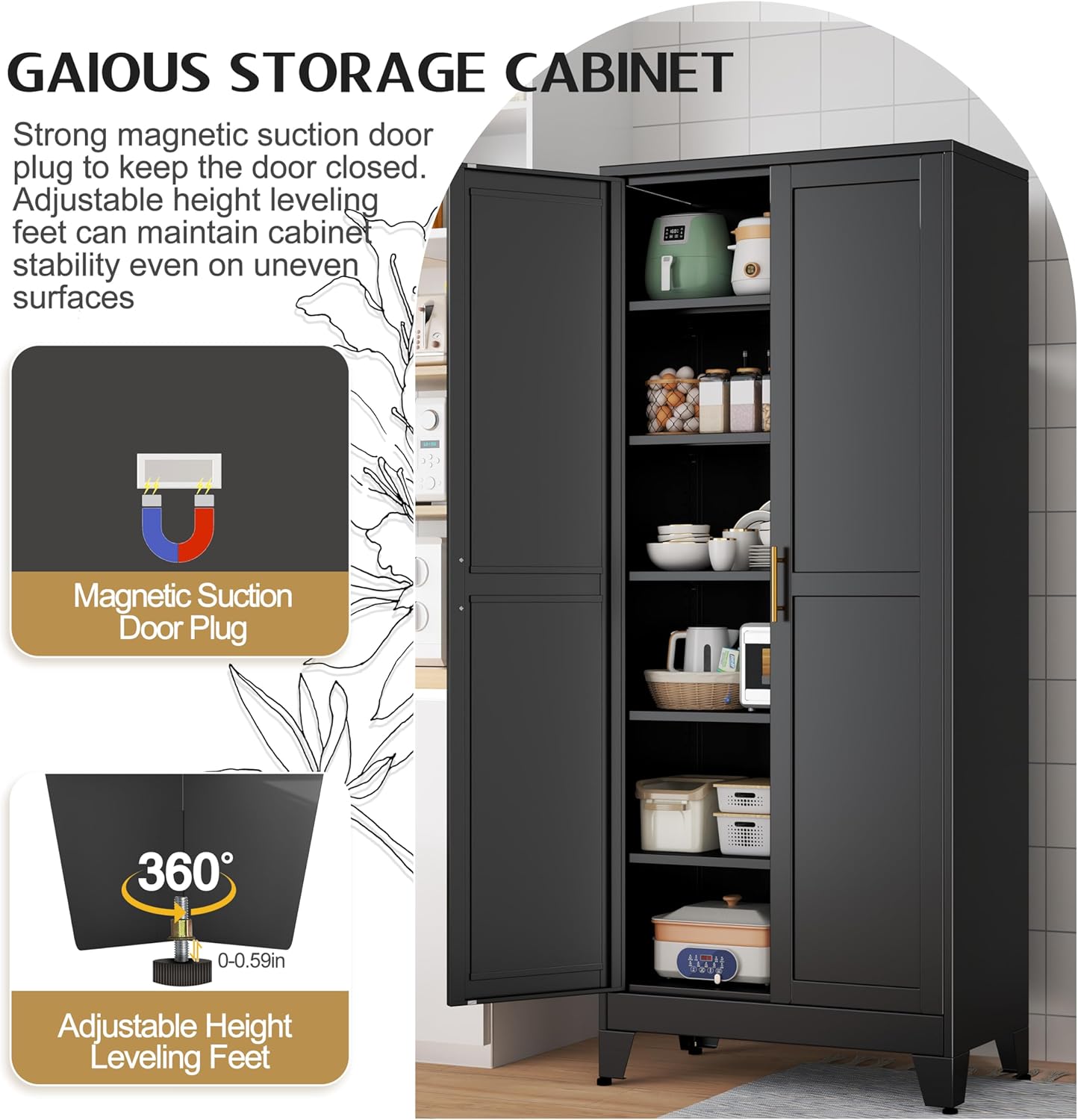 75.2" Tall Storage Cabinet, Pantry Storage Cabinets with 2 Door and 5 Adjustable Shelves, Black Kitchen Food Cabinet, Metal Utility Cabinets for Kitchen, Dinning Room, Laundry Room