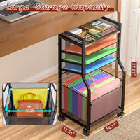 5-Tier Rolling File Cart with Hanging File Folders, Mobile Desk File Organizer on Lockable Wheels, Wood & Mesh Paper Letter Sliding Trays Organization for Office, Home, School, Patent