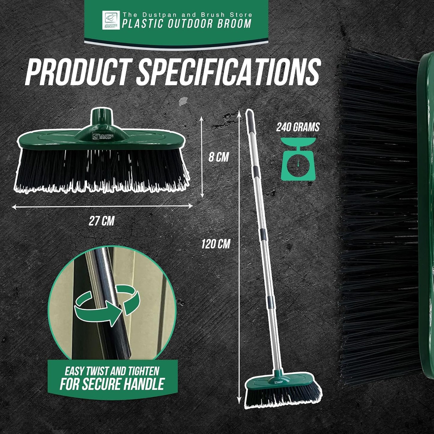 Yard Broom Outdoor Heavy Duty, 10” Garden Broom Synthetic Hard Bristle Brush Head with Strong Handle, Stiff Sweeping Brush Outdoor