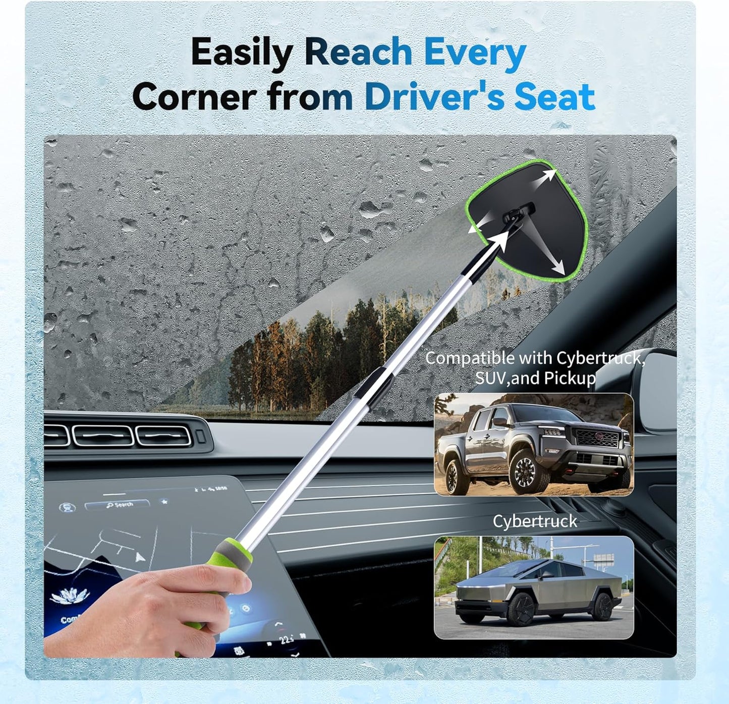 XINDELL Extendable Windshield Cleaner for Car, Long Handle Car Interior Glass Cleaning Tool with Pivot Head – Reusable Microfiber Pads, Streak-Free Auto Detailing Kit for SUV Truck