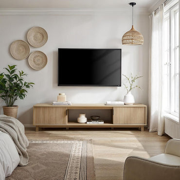 Walker Edison Arundo Fluted TV Stand for TVs up to 80 Inches, 70" TV Stand, Coastal Oak