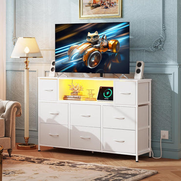 WLIVE White Dresser TV Stand for 45, 50, 55 inch TV, Entertainment Center with LED Lights & Charging Station, Chest of Drawers with 8 Fabric Drawers and Open Shelves for Living Room, Hallway, Wood Top