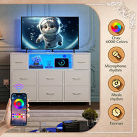 WLIVE White Dresser TV Stand for 45, 50, 55 inch TV, Entertainment Center with LED Lights & Charging Station, Chest of Drawers with 8 Fabric Drawers and Open Shelves for Living Room, Hallway, Wood Top