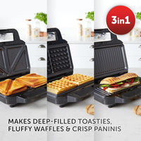 Breville 3-in-1 Ultimate Snack Maker | Deep Fill Toastie Maker, Waffle Maker & Panini Press | Removable Non-Stick Plates | Black & Stainless Steel | UK Plug