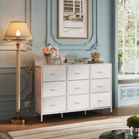 WLIVE White TV Stand for 45, 50, 55 inch TV, Entertainment Center with LED Lights & Charging Station, TV Media Console Table with 9 Fabric Drawers and Open Shelves for Living Room, Hallway, Wood Top