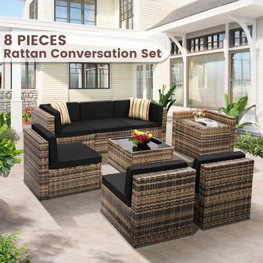 8 Pieces Outdoor Wicker Rattan Patio Furniture Sectional Set, Glass Top Table with Hidden Storage, 7 Sofa Sections, Oversized Cushions, Natural Color Rattan with Black Cushion