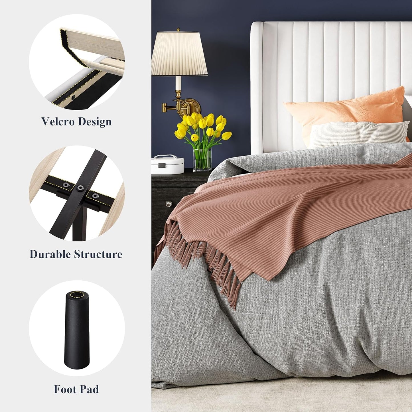 Allewie Full Size Velvet Bed Frame/Vertical Channel Tufted Wingback Headboard/Upholstered Platform Bed/Strong Wooden Slats/No Box Spring Needed/Easy Assembly/White